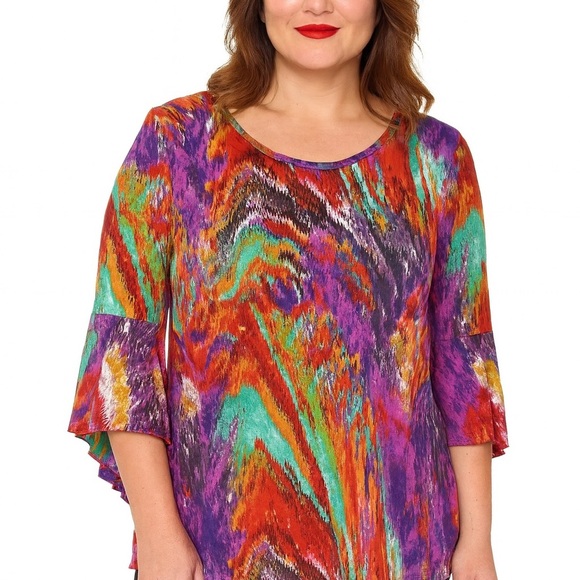 New Direction Tops - New Directions Boho Multicolor Abstract Flutter Sleeve Top – Medium